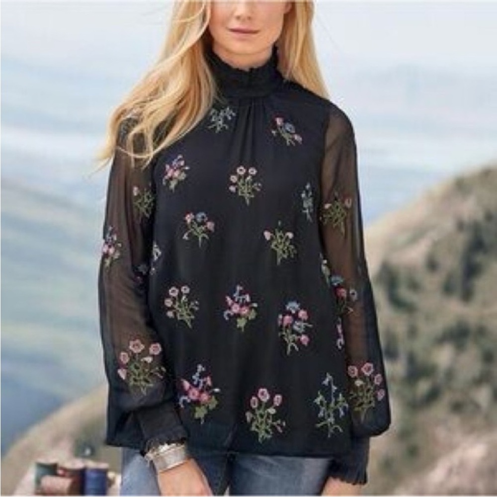Sundance Fleur Fare Floral Embroidered Sheer Black Blouse XS